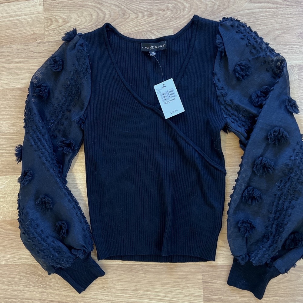 NWT Almost Famous Womens Top M Mixed Media Ribbed Sheer Puff Bell Sleeves Black
